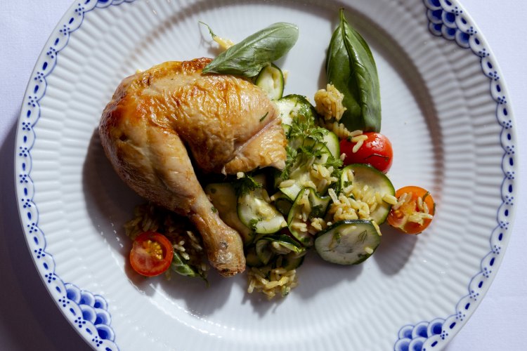 Chef Ben Greeno’s roast chook with zucchini and grapes.