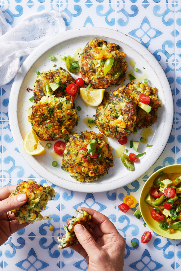 Zucchini and corn fritters with salsa.