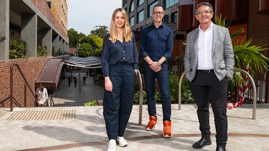 SJB architects Emily Wombwell and Adam Haddow with Allan Vidor (TOGA Group - developer).
Surry Hills Shopping Centre has re-opened after being revamped with a new Coles supermarket, a Harris Farm and apartments. 
