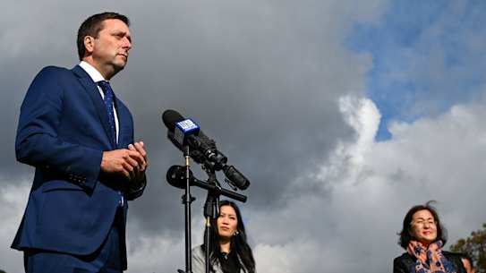 Matthew Guy at Box Hill City Oval in April with Nicole Werner (left), his candidate for the state seat of Box Hill, and Gladys Liu, who lost the overlapping federal seat of Chisholm at the May 21 election.