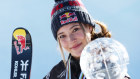 Eileen Gu celebrates her win in the women’s Freeski Halfpipe in California last month.