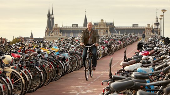 A bike parking facility at Amsterdam Centraal train station.
