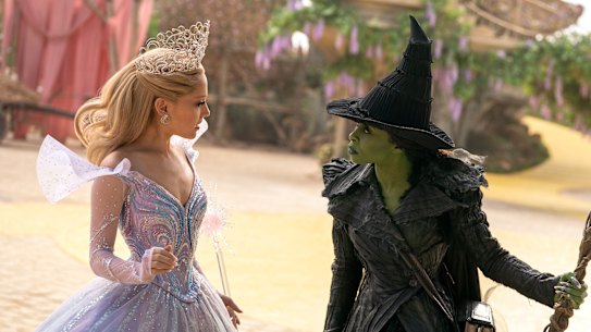 Ariana Grande as Glinda and Cynthia Erivo as Elphaba in Wicked: For Good.