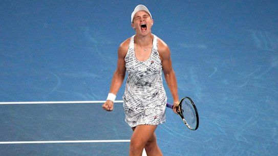 Ash Barty roars with delight after winning this year’s Australian Open women’s singles final.