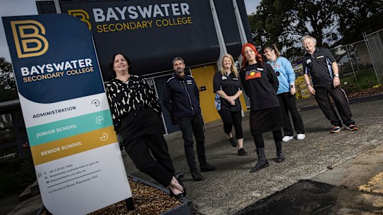 Bayswater Secondary College principal Elizabeth Swan with assistant principal Anton van Maanen, business manager Lea Green, literacy tutor Ren Pennesi, literacy leader Mel Presutto and senior mathematics teacher Chris Flynn.
