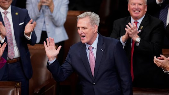 Republican Kevin McCarthy reacts after being finally elected, after three days of voting.