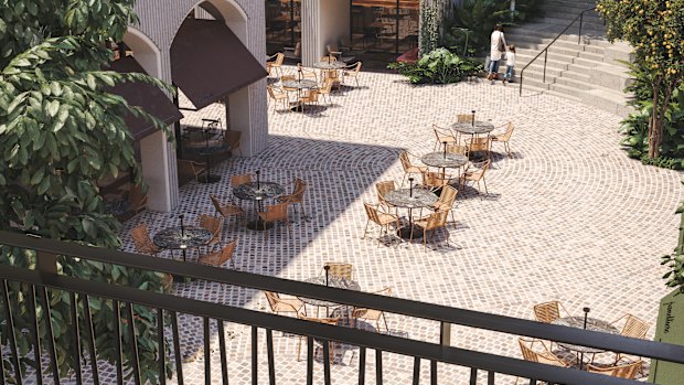 An artist impression of the cobblestoned restaurant and shopping hub, inspired by Italian streetscapes.