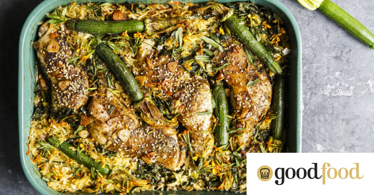 Zaatar garlic-butter chicken and halloumi risoni traybake with zucchini