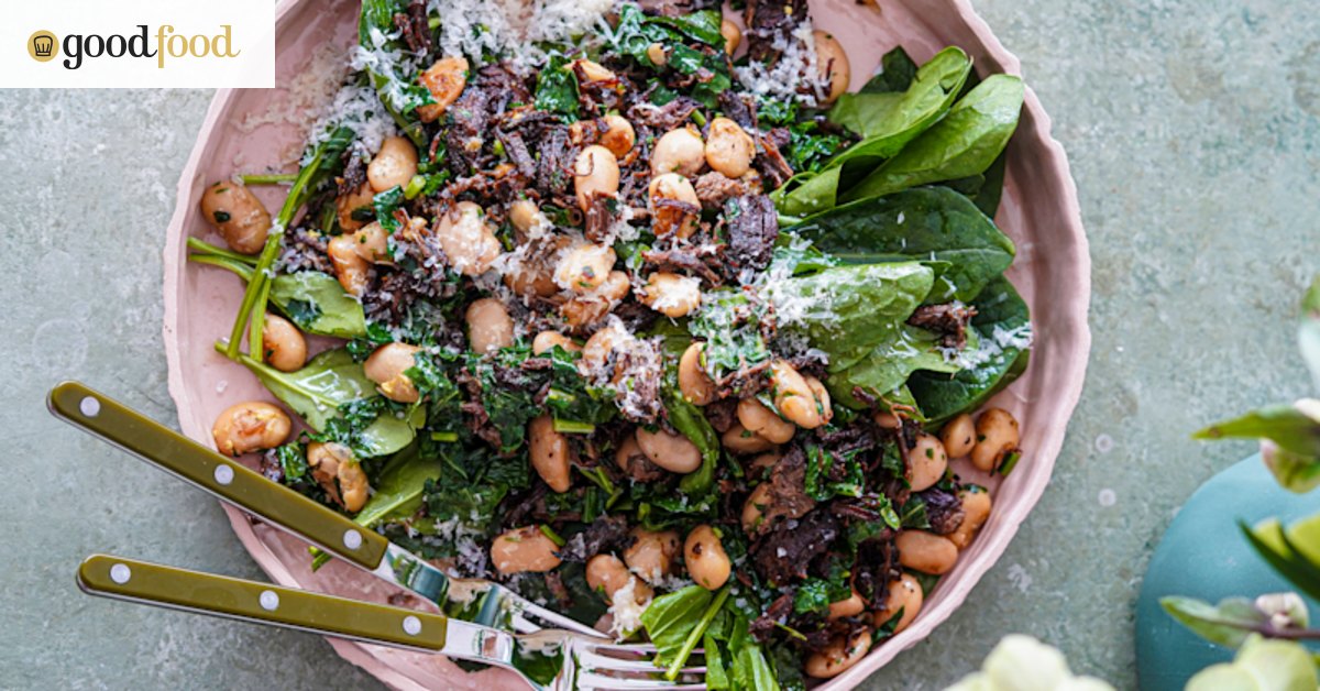 What to do with leftover brisket: Warm salad with greens, beans and comte