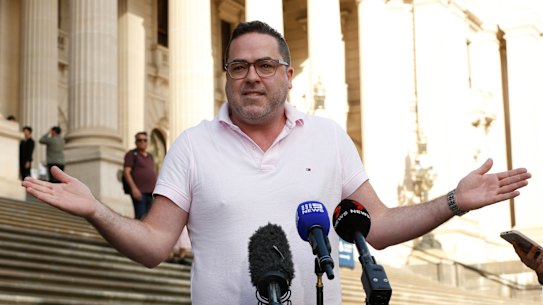 Whittlesea Mayor Aidan McLindon speaks to the media on the steps of parliament house.