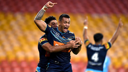 Sami celebrates his match-winner on Sunday night. 