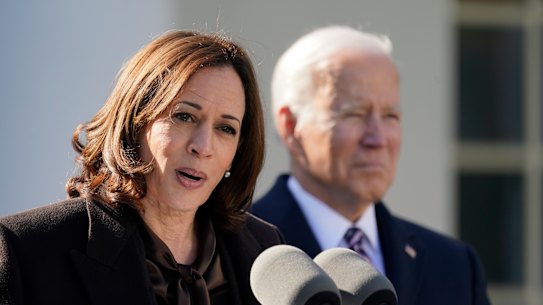 Vice President Kamala Harris speaks alongside President Joe Biden in March. 
