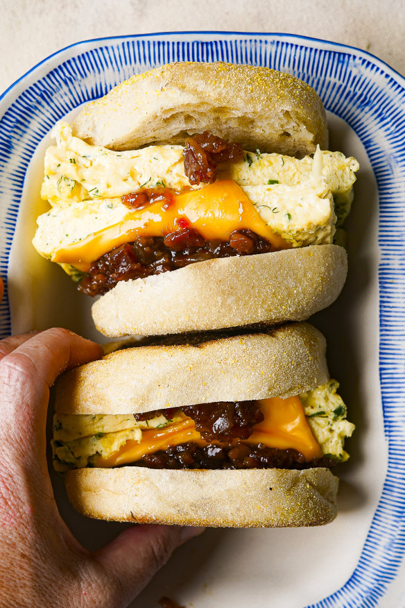 Level up your egg and bacon muffins with a silky egg slab and bacon jam.