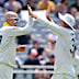 Nathan Lyon celebrates a wicket.