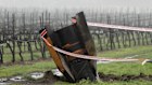 The tail section of a ballistic missile fired from Iran, sticks out of the ground at a vineyard in the Israeli controlled Golan Heights.