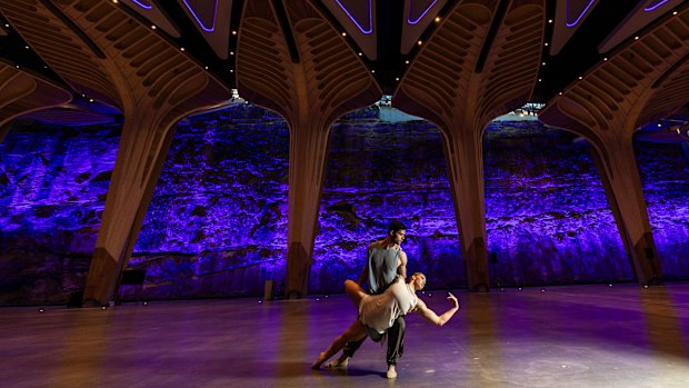 Sydney Dance Company members Lucy Angel and Sam Winkler rehearse within the newly created $100m transformation of The Cutaway, at Barangaroo.