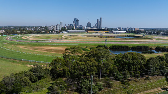 Rosehill Gardens Racecourse, with Parramatta in the background, has been earmarked to be transformed into a “mini-city”.