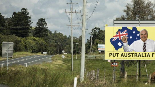 A Clive Palmer’s United Australia Party billboard on the Bruce Highway near Mackay during the 2019 federal election. 