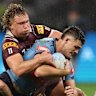 PERTH, AUSTRALIA - JUNE 18: Nathan Cleary of the Blues is tackled during game two of the Men’s State of Origin series between Queensland Maroons and New South Wales Blues at Optus Stadium on June 18, 2025 in Perth, Australia. (Photo by Cameron Spencer/Getty Images)