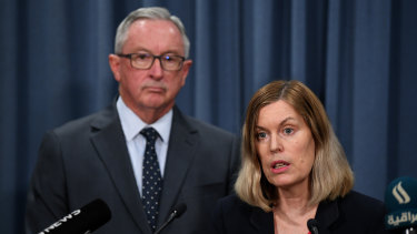 NSW Health Minister Brad Hazzard (left) and NSW Chief Health Officer Dr Kerry Chant speak to the media on Thursday. 