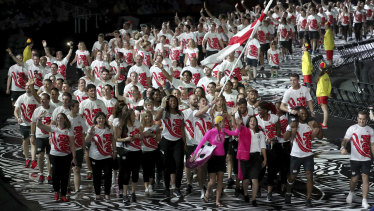 The large England contingent marches during the ceremony.