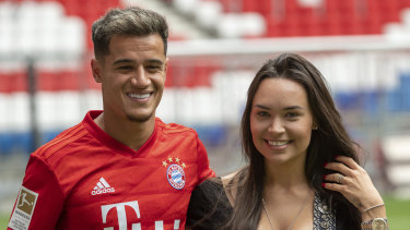 Philippe Coutinho and his wife Aina following his unveiling in Munich.