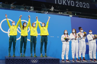 Australian gold medallists Bronte Campbell, Meg Harris, Emma Mckeon and Cate Campbell and American bronze medallists Erika Brown, Abbey Weitzeil, Natalie Hinds and Simone Manuel on the podium after the women’s 4 x 100m freestyle relay final in Tokyo.