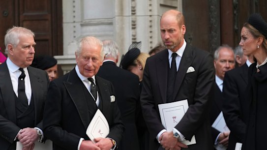 Prince Andrew (left) pictured with the royal family at the Duchess of Kent’s funeral in London last month.