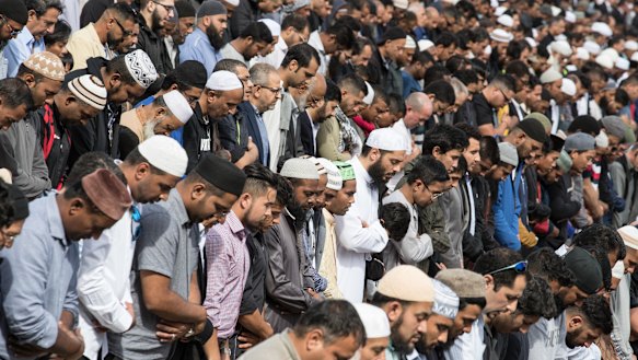 Huge crowds gathered in Hagley Park across from the Al Noor Mosque for a national call to prayer one week after the terror attacks.