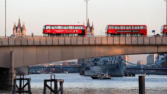 Abandoned buses parked on London Bridge.