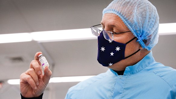 Prime Minister Scott Morrison at the Melbourne factory where the Oxford-AstraZeneca jab will be produced