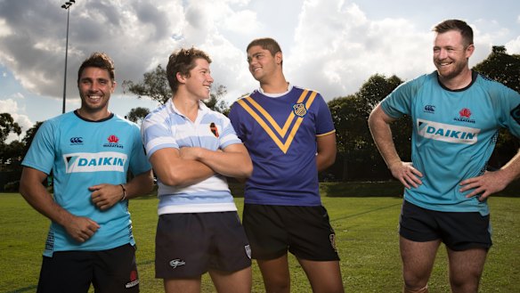 Curtain-raiser: Waratahs Nick Phipps and Jed Holloway (far left and right) will be cheering on Blake Males' King's and Waverley's Alex Rice respectively on Saturday.