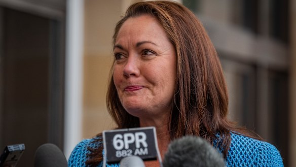 Liza Harvey speaks to the media outside Parliament House in Perth on Thursday.
