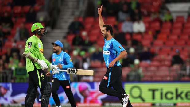 Wes Agar after taking one of his wickets against the Sydney Thunder.