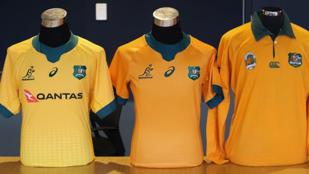 Last year’s Wallabies jersey (left), the 2021 jersey (middle) and the 1991 top Australia wore at the Rugby World Cup (right). 
