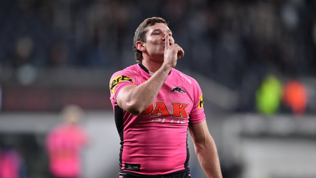 Penrith's Brent Naden silences the hostile Tigers crowd after the round eight win at Bankwest Stadium.
