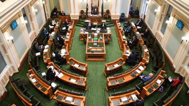 Queensland Premier Annastacia Palaszczuk addresses a reduced chamber in April due to social distancing measures.