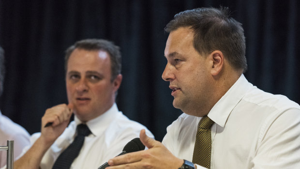 Liberal MPs Tim Wilson and Jason Falinski at the parliamentary inquiry into franking credits in Bondi.