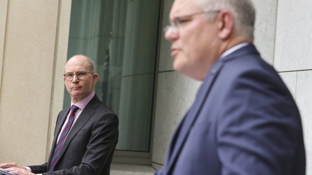 Chief Medical Officer Professor Paul Kelly and Prime Minister Scott Morrison during a press conference  in Canberra on December 21.