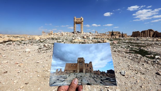 Palmyra’s Temple of Bel in March 2014, and the same view two years later.