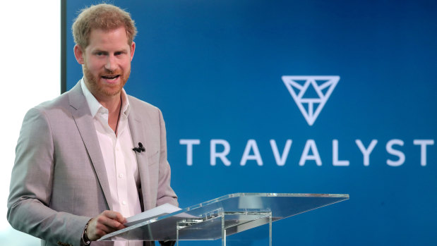 Prince Harry announcing a partnership between Booking.com, SkyScanner, CTrip, TripAdvisor and Visa called 'Travalyst' at A'dam Tower in Amsterdam on Tuesday.