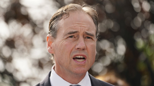 Health Minister Greg Hunt speaks to the media on Sunday in Mornington, Victoria.