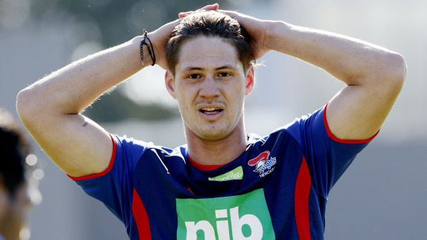 More worries: Kalyn Ponga takes a break during a Newcastle Knights training session.