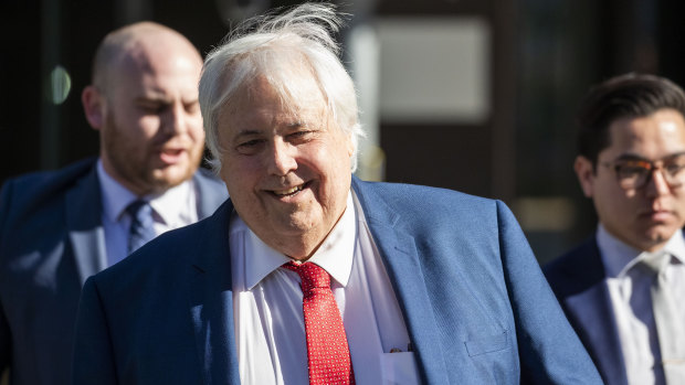 Businessman Clive Palmer arrives at the Supreme Court following a lunch break in Brisbane on Monday.