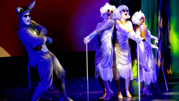 From left, Joel Hutchings as Donkey and Tegan Braithwaite, Alex McPherson and Kirrily Cornwell as the Three Blind Mice in Shrek the Musical.
