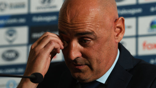 Kevin Muscat gets emotional during his press conference confirming his departure as Melbourne Victory coach.
