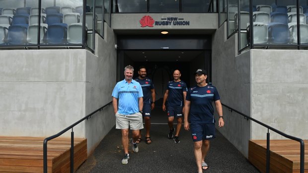 Waratahs coach Darren Coleman (left) with his coaching team Pauli Taumoepeau (second from left), Chris Whitaker (second from right) and Jason Gilmore (right).