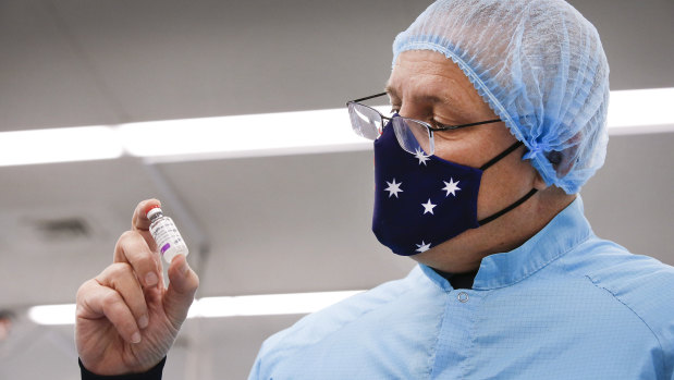 Prime Minister Scott Morrison at the Melbourne factory where the Oxford-AstraZeneca jab will be produced