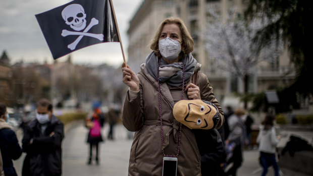 An anti-euthanasia protester in front of the Spanish Parliament in Madrid.