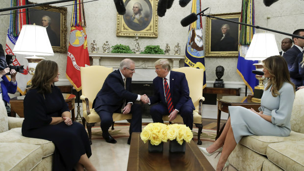 Jenny and Scott Morrison meet with US President Donald Trump and First Lady Melania Trump in the Oval Office.